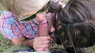 Outdoor Point Of View Deep Throat With Two Woman, Cum-shot On Tongue, Jism Smooching - Threesome Ffm Fledgling Step Sisters